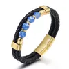 Mehrschichtige geflochtene Lederarmbänder für Herren, Gliederkette, Strang, 8 mm, Steinperlen mit Magnetverschluss, Armband, Seil, Manschettenarmreif, Lapislazuli-Lavastein