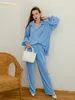 CLACIVE Causal Loose Home Suit Autumn Long Sleeve Blue with High Wasit Pants Set Women Elegant Pleated Beige 2 Piece Pant Sets 220811