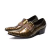 Luxury Gold Formal Men Real Leather Shoes Chains Pointed Toe Business Dress Shoes Wedding Party Brogue Shoes