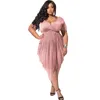 Plus size jurken xl-5xl vrouwen zomer zomerse mouw bodycon gedrapeerde midi jurk sexy v nek solide split oversize kledingplus