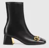 2024S/s Winter Horsebit Ankle Boot Women's Gold-toned fyrkantig tå White Black Leather Boots Lady Bottes Famous Party Wedding Martin Combat Booties D4