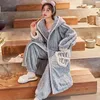 Bathrobes For Women Plus Size Nightgown Cartoon Coral Velvet Warm Kimono Hooded Flannel Garment Room Coats Winter Nightwear L220803