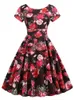 Sommar blommig tryck elegant a-line party klänning kvinnor smal vit kortärmad swing pin up vintage dresses robe femme 220418