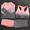 Yoga Outfit Seamless Gradient Colors Women Set Long Sleeve Crop Top Gym Bra Fitness Leggings Workout Sports Suit Running Joggings PantsYoga