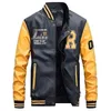 Men Baseball Jacket Embroidered Leather Pu Coats Slim Fit College Fleece Luxury Pilot Jackets Men's Stand Collar Top Jacket Coat 201128