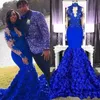 Royal Blue Keyhole Nek Hoge lange mouwen Mermaid prom -jurken met 3D handgemaakte bloemen Formele feestavondjurken Afrikaans Afrikaans