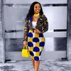 Two Piece Dress Women Fashion Print 2 Skirt Set Dashiki African Long Sleeve Crop Top Suit Midi Casual Plus Size OutfitTwo