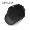 Wuaumx Pu Leather Beret Hat For Men Autumn Winter Warm Newspaper Boys Hat Men Berets Duck Face Visor Peaked Hats Cabbie ivy Flat Hat J220722