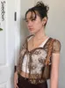 Brown Vintage Lace T Shirt Crop Top Short Sleeve See Through Sexy Mesh Woman Tshirts V Neck Up Floral Kawaii