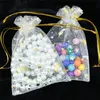 Gift Wrap White Organza Bags Pouch With Star Moon Pattern 9x12 Gold Thread Drawstring Jewelry Packaging Year Present Earring SackGift