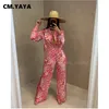 CM.YAYA Autumn Winter Peacock Women's Set Button Up Blouse Shirt Tops and Pants Elegant Tracksuit Two Piece Fitness Outfits 220315