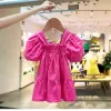 Summer Girls Casual Rose Dress Puff Sleeve Solid Color Kids Children Princess Dress