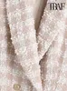 Traf moda feminina tweed duplo breasted blazer casaco vintage manga longa bolsos femininos outerwear chique veste femme 220801