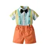 Kledingsets 1-7 jaar mode Toddler Kid Boys Summer Set V-Neck Short Stripe Stripe Shirt Suspender Pants Set Clothing