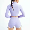 Seamless Knitted Yoga Set Zipper Long Sleeve Top High Waist Drawstring Shorts Piece Women Wokout Outfit Fitness Clothing J220706