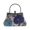 Evening Bags Vintage Blue Women Bag Linen Beaded Embroidery Handbag Clutch Party Purse Makeup Flowers Shoulder XST7566-C