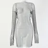 DIRTYLILY Crystal Diamond Sexy Bodycon Dress Women Hollow Out Long Sleeve Mini Dress Summer See Through Party Dress 220409