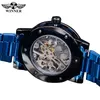 Vinnare Transparent Diamond Mechanical Watch Blue rostfritt stål Skeleton Watch Top Brand Luxury Business Luminous Male Clock 220618