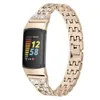 Stainless Steel Watch Strap Diamond Bracelet For Fitbit Charge 5 Watch Band Five Bead Two Row Diamonds Women Wristband Smart Accessories