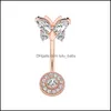 Body Arts Tattoos Art Health Beauty Cz Butterfly Belly Button Ring 14G Round Zircon Navel Barbell Women Piercing Jewelry Dhwvf