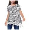 T-shirts Sunflower Leopard Printing Girl T-shirt White Lace Patchwork Kort ärm T-shirt Toddler Barn Barn tee Top Girls Clothing-Shi