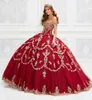 2022 Sparking Red Lace Quinceanera vestidos do ombro Aplique Gold Applique Ball Comprimento do banheiro vestido de baile vestido de festa doce 16 vestido BC99979