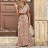 Kobiety boho długie sukienka 2022 Summer elegancki V Neck krótki rękaw Paisley Pasek Pasek Maxi Sukienki żeńskie sukienki na plaży G220510