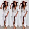 3XL Plus Size Beach Long Maxi Dress Women Cover Up Tunic Pareo White V Neck Robe Badkläder Baddräkt slitage 220615