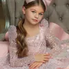 Adorable robe de bal blanche robes de fille de fleur princesse pure manches longues appliques bijou cou paillettes tutu enfant en bas âge robes de fête d'anniversaire