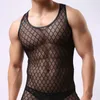 Wholesale- Black Mens Sexy Undershirts Tank Tops Men Singlet Transparent Mesh Vest Net Yarn T Shirt Bodysuit GAY Wear Sheer