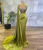 Lemon Green Satin Mermaid Prom Evening Dresses Sheer Mesh Top Sequin Beads Ruched Occasion gowns with cape Wear Robe de soriee1254598