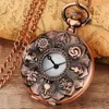 Steampunk Watches Red Copper Flower Cover Men Women Quartz Analog Pocket Watch with Necklace Chain Arabic Number Display