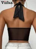 Viifaa Sexy Hollow Out Criss-Cross Halter Mesh Corset Top Kobiety Clubwear Summer Clothing Backless Black Tank Tops 220325