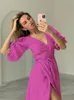 Robes de soirée été solide manches bouffantes fendu robe mi-longue pour les femmes décontracté col en v à lacets taille haute 2022 vacances FemaleParty