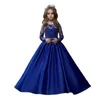Kızın Elbiseleri Kraliyet Mavi Dantelli Aplike Çiçek Düğün Boncuklu Toddler Pageant önlükleri Saten Uzun Kollu Çocuk Balo Dressgirl'in Kız '