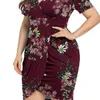 Plus Size Dresses Summer Women Dress Neck Solid Color High Waist Bodycon Lady Short Sleeve Shirring Oversize Party Streetwear ClothingPlus