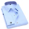 Men's Dress Shirts French Cuff Blue White Long Sleeved Business Casual Shirt Slim Fit Solid Color Cufflinks For 220401