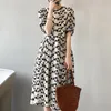 Plant Print Floral Women's Dresses Summer Oversize Ladies Vestidos Dress French Style Chiffon Puff Sleeve Robe KE1599 220518