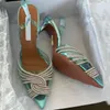 2022 Designer Aquazzura High Heel PVC Pumps Women Sandals Stiletto Heels Green Rhinestones Shiny Summer Luxury Designer Dress Wedding Shoes With Box No361