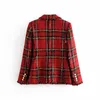 Red Plaid Blazer Women Spring-Autumn Vintage Tweed Suits Jackets Office Ladies Chic Slim Blazers Girls Tassel Tops Set Coat 220812