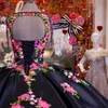 Bordado preto Flor Quinceanera Vestidos Lace-up Back Sweet 16 Dress V Neck Setin Sictim Ball vestidos de festa