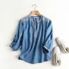 여자 블라우스 셔츠 데님 여성 자수 셔츠 블라우스 v 목록 긴 소매 블루 스트리트웨어 캐주얼 청바지 탑