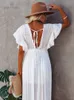 Sexig bikini-omslag Långt vit tunika Casual Summer Beach Dress Elegant Women Plus Size Beach Wear Swim Suit Cover Up Q1208 220504