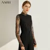 AMII Minimalism Autumn Fashion Lace Spliced Women Blouse Tops Turtleneck Full Sleeve Slim Fit Female Shirt Tops 12060088 210401