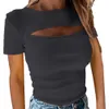 ファッション女性のトップスカットアウトティーソリッドカラーTシャツ秋のセクシーな半袖スリムフィットトップホローカジュアルトップベーシックシャツ