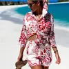 Hirigin 2pcs 해변 스타일 새틴 세트 여성 패션 풍경 패턴 버튼 다운 셔츠 및 반바지 여름 캐주얼 세트 220602