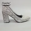 BaoYaFang, recién llegado, zapatos de tacón grueso con punta en pico para mujer, zapatos de boda, tacones altos, zapatos de moda para mujer, correa de tobillo de encaje blanco para mujer 210225