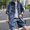 남성용 트랙 슈트 여름 남자 세트 짧은 소매 대형 셔츠 반바지 한국 스타일 패치 격자 무늬 캐주얼 정장 의류 남자 블랙 블루 5xlmen 's