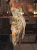 Women Vintage Yellow Tie dye Flower print Strap Dress Hem Slim Waist Slit Irregular Long Dresses Sling Vestido 220514