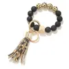 Black Frosted Wooden Bead Bracelet Keychain Fashion Pattern Tassel Pendant Bracelets Women Girl Key ring Wrist Strap 7 Colors DD255